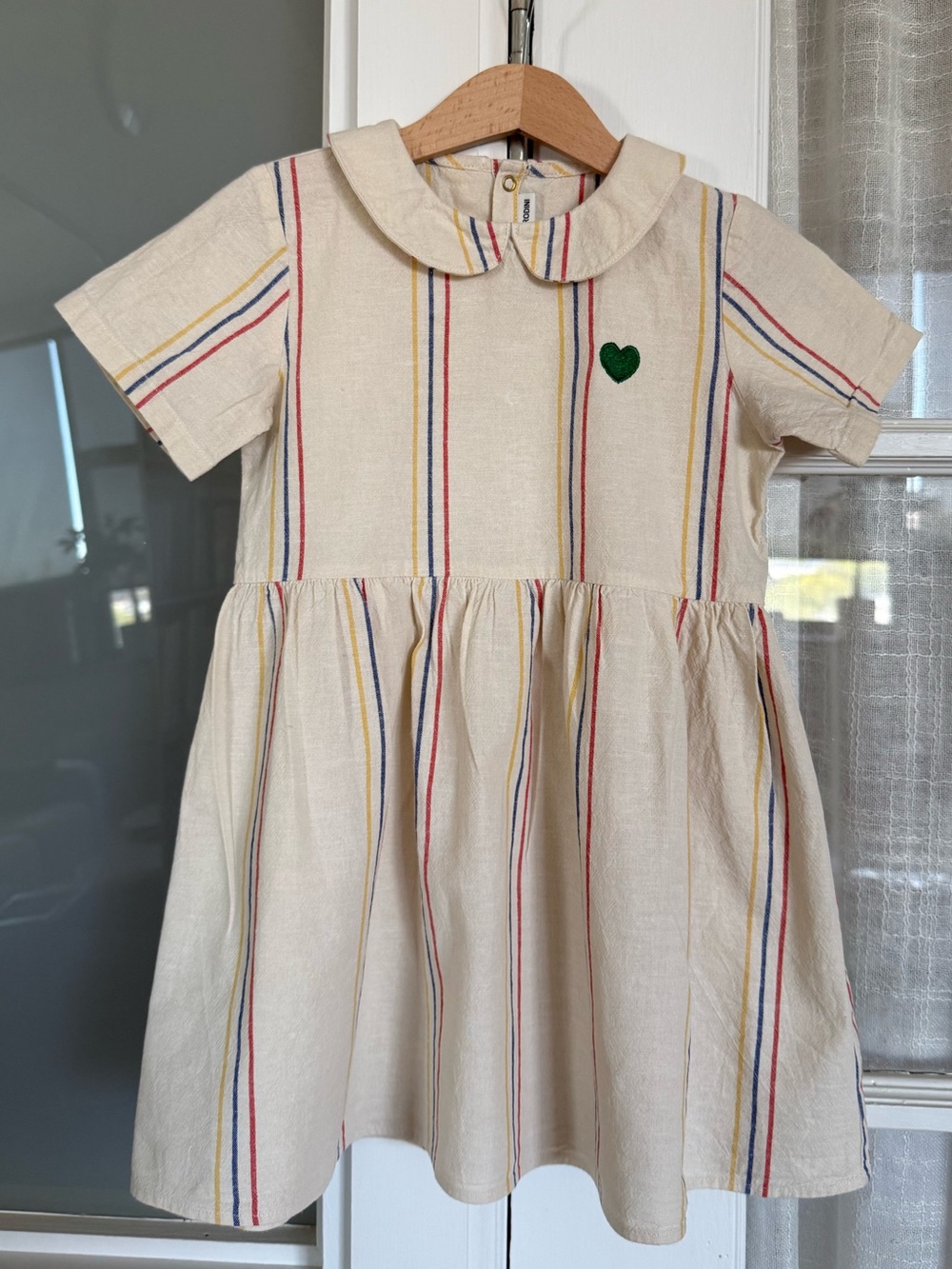 Mini Rodini Cream Striped Dress with Green Heart